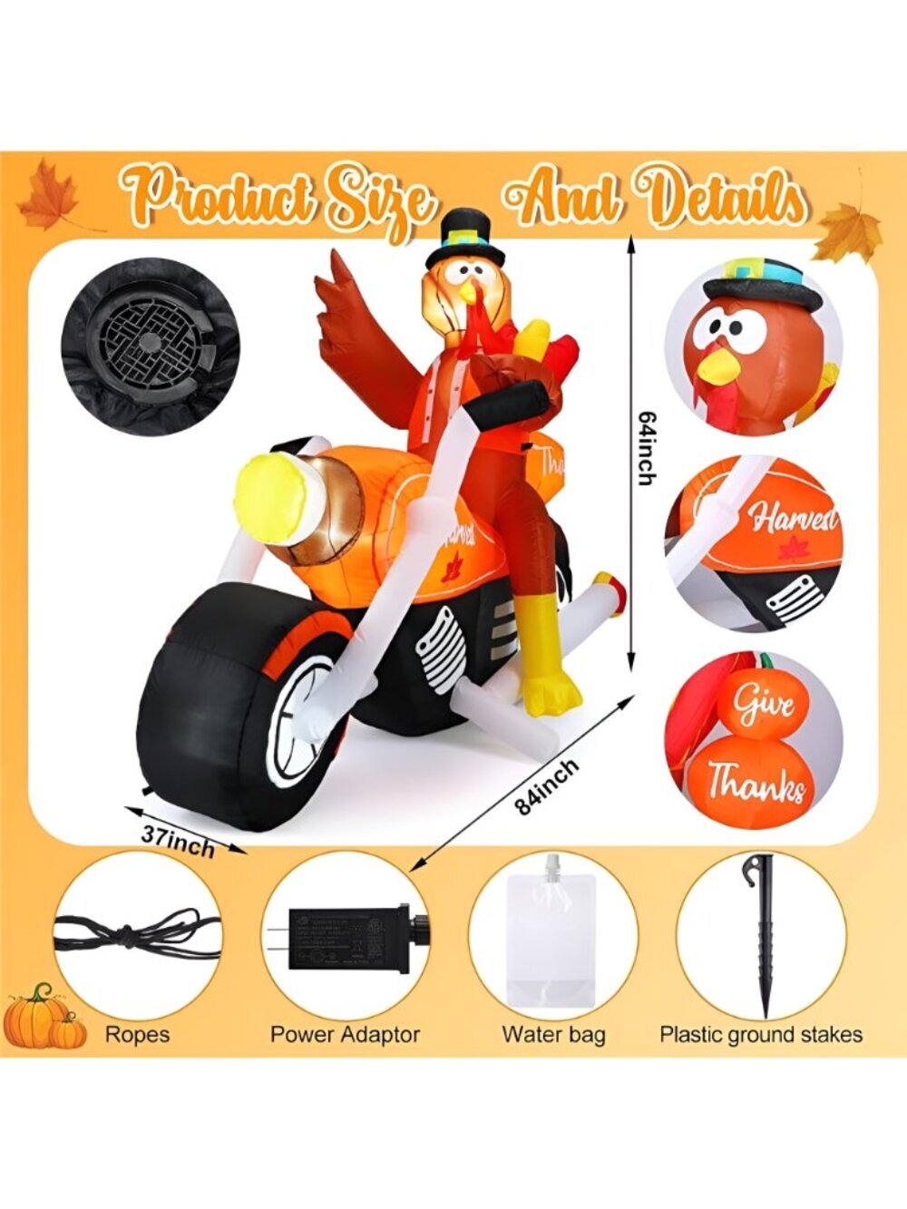 7 FT Thanksgiving Inflatable Turkey Riding Motorcycle Outdoor Decorations - Picture 2 of 6